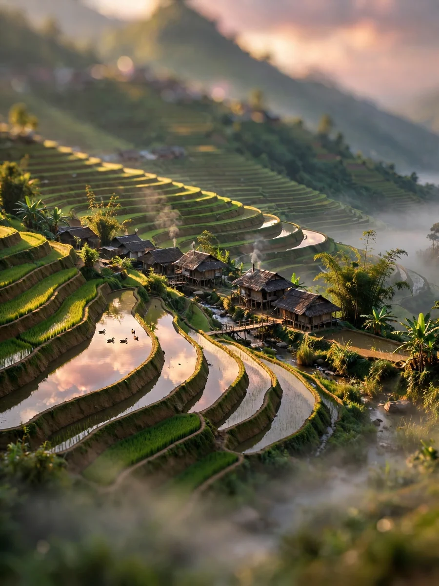 Tilt-Shift Photograph of Mountain Rice Terraces and a Stilt-House Village at Dawn — ChatGPT Prompt