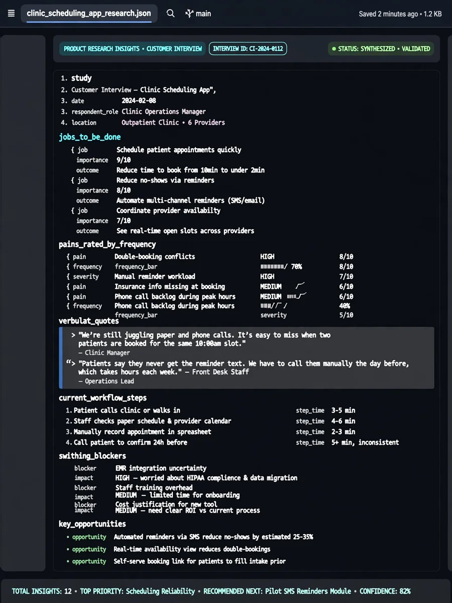 Act as a Customer Interview Insight Extractor (JSON) — ChatGPT Prompt