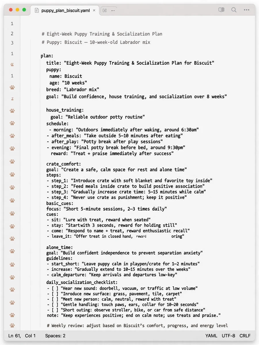 Puppy Training and Socialization Plan Builder (YAML) — ChatGPT Prompt