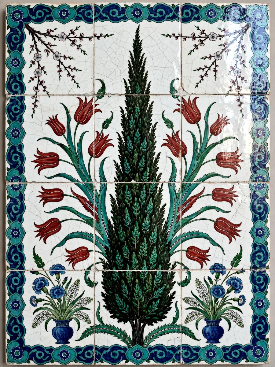 Iznik Ceramic Tile Panel of Tulips, Carnations, and a Cypress Tree — ChatGPT Prompt