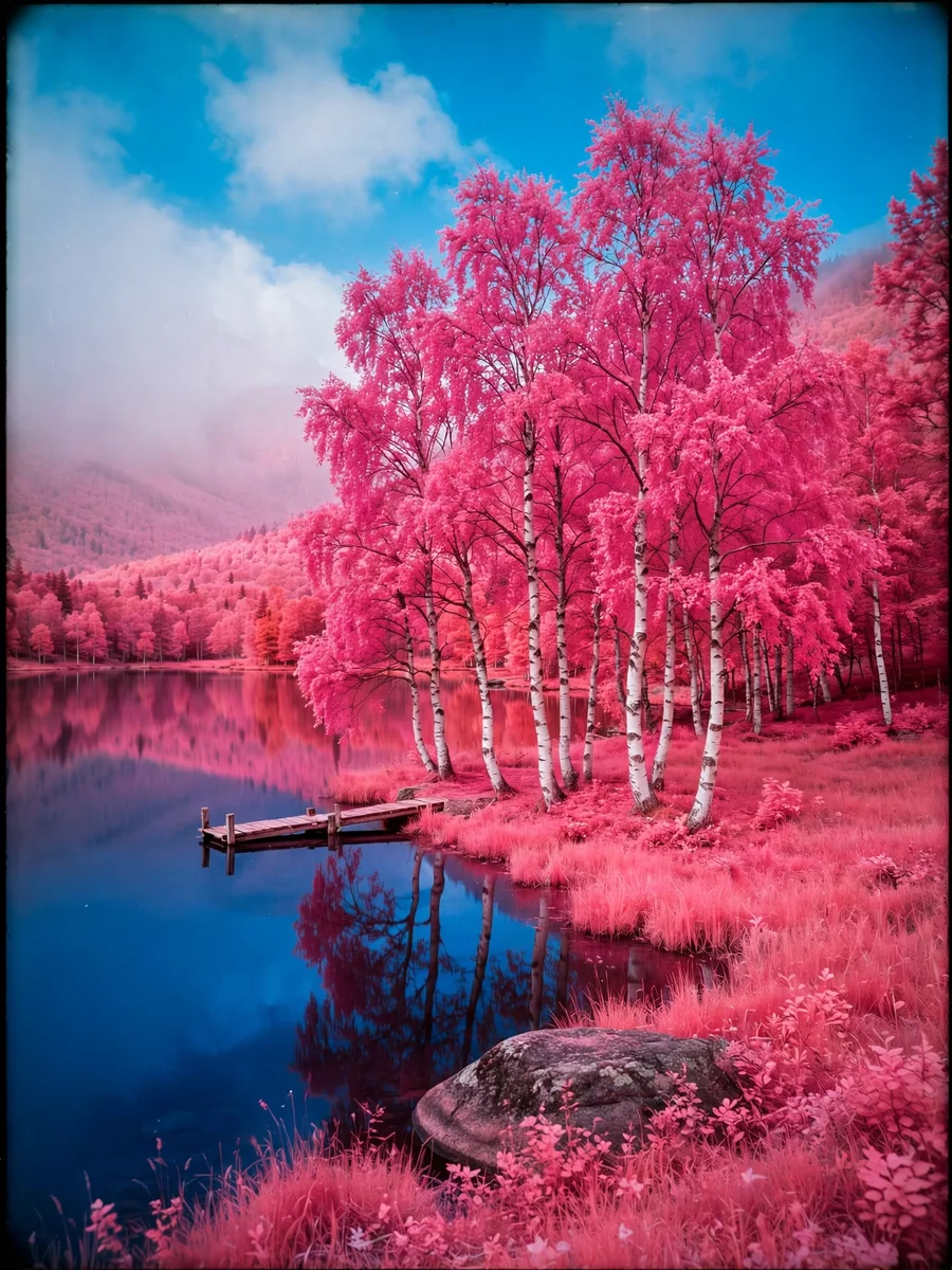 Aerochrome Infrared Photograph of a Birch Forest and a Still Lake — ChatGPT Prompt