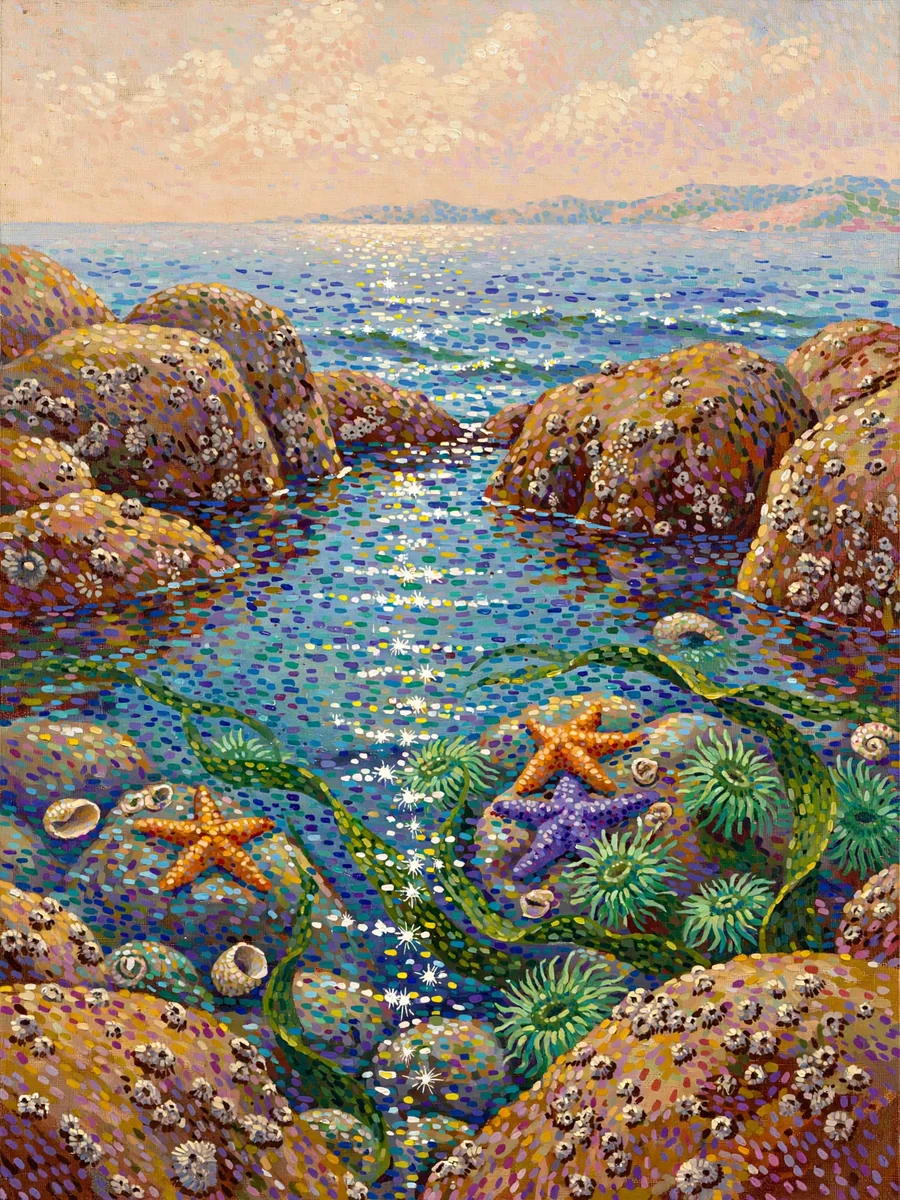 Pointillist Painting of a Rocky Tide Pool with Starfish and Sea Anemones — ChatGPT Prompt