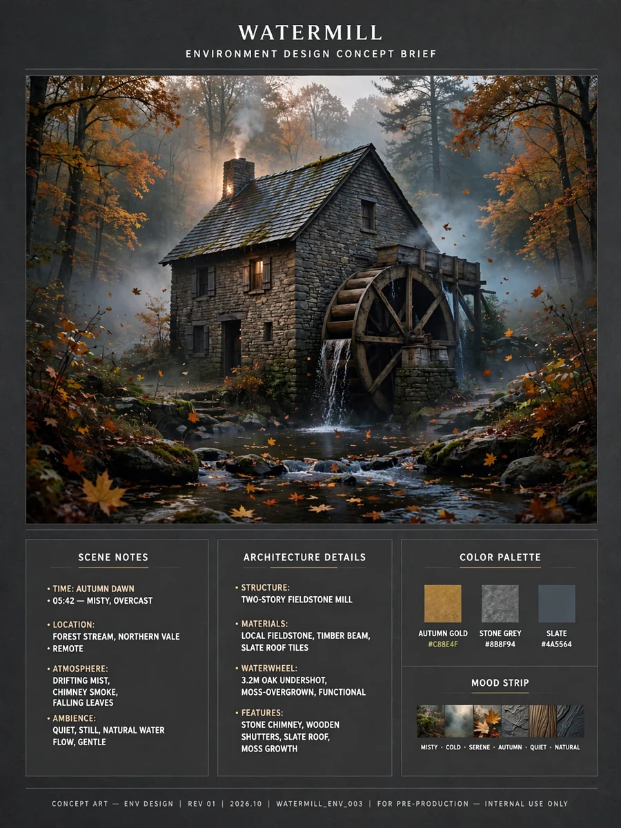 Act as a Stone Watermill Scene Concept Brief Builder — ChatGPT Prompt