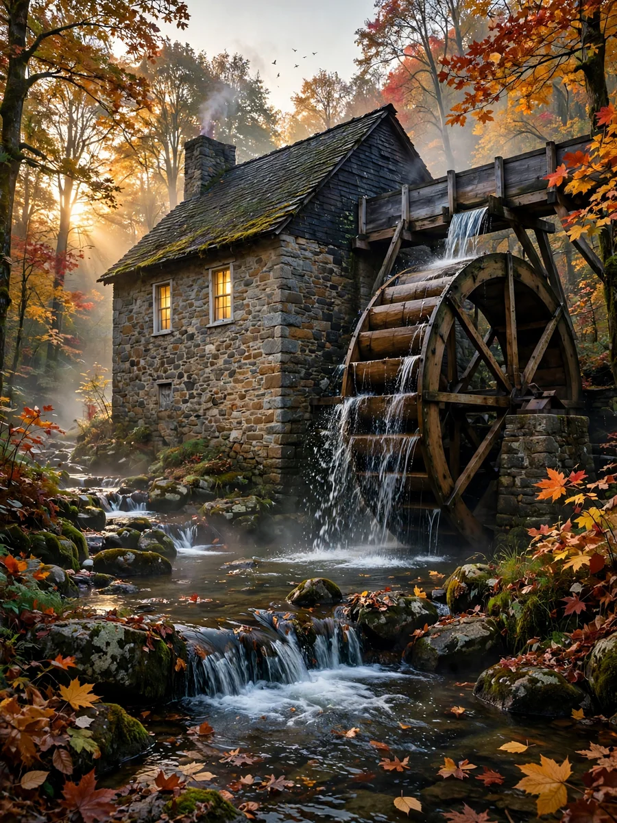 Stone Watermill on a Forest Stream at Autumn Dawn — ChatGPT Prompt