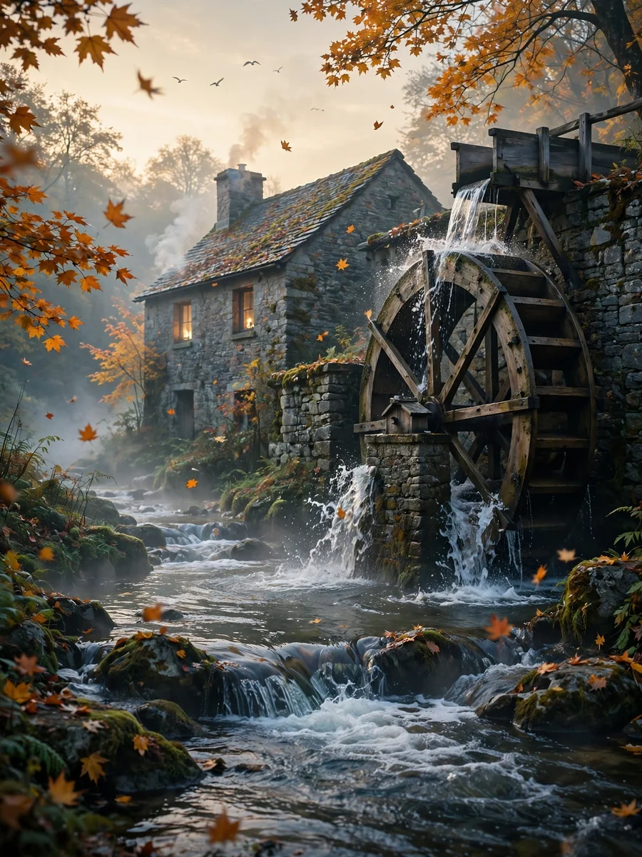 Stone Watermill at Autumn Dawn (Image-to-Video Animation) — ChatGPT Prompt