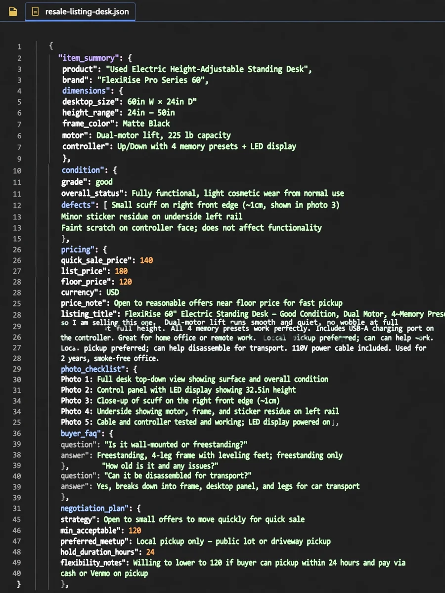 Act as a Secondhand Item Resale Listing Builder (JSON) — ChatGPT Prompt
