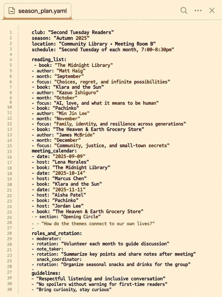 Book Club Season Planner (YAML) — ChatGPT Prompt
