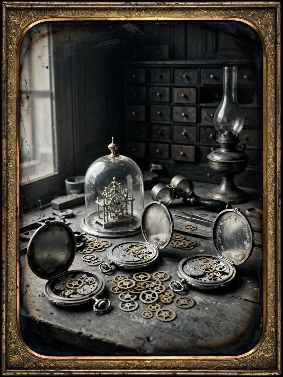 Daguerreotype of a Clockmaker's Workbench with Open Pocket Watches and Brass Gears — ChatGPT Prompt