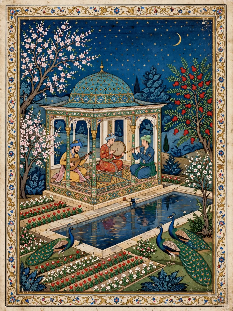 Persian Miniature Painting of a Night Garden Pavilion with Musicians by a Moonlit Pool — ChatGPT Prompt