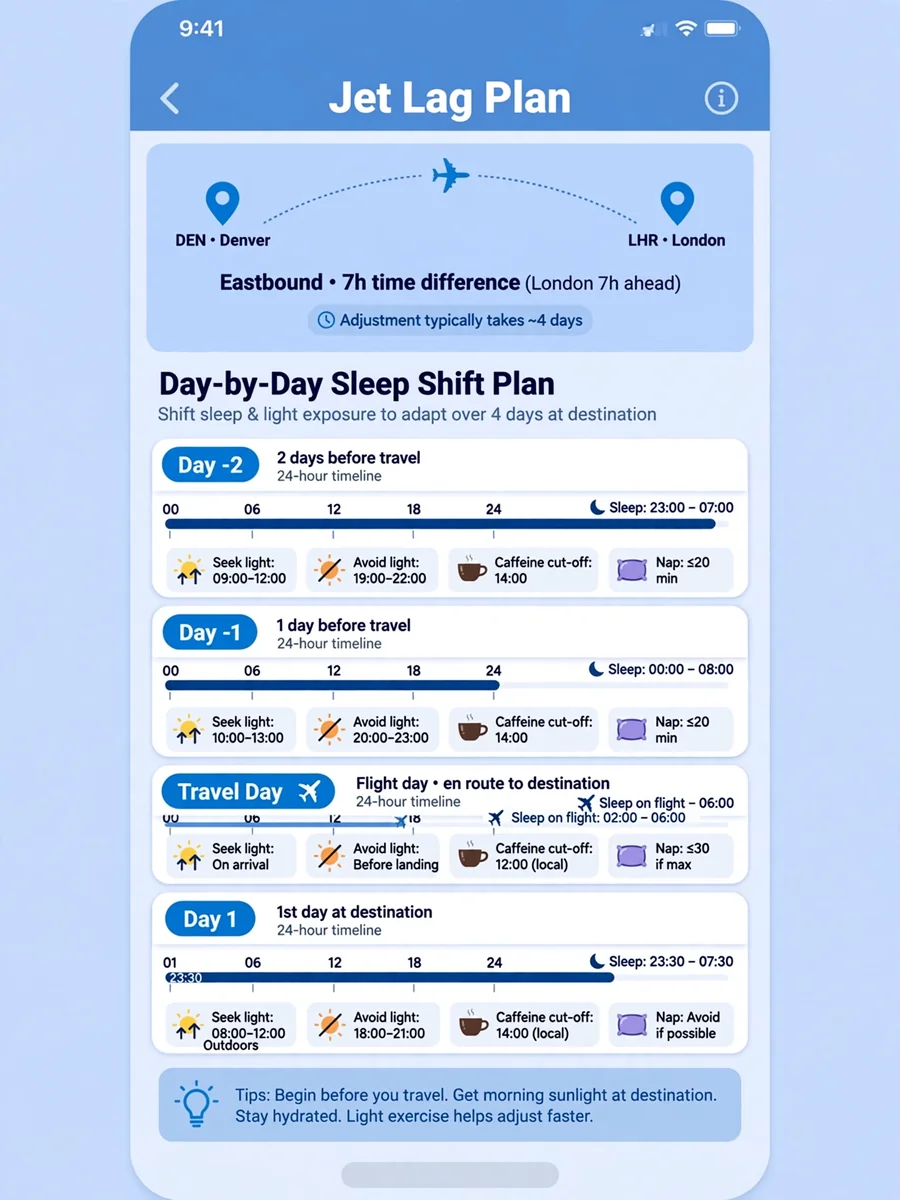 Act as a Jet Lag Sleep Shift Planner — ChatGPT Prompt