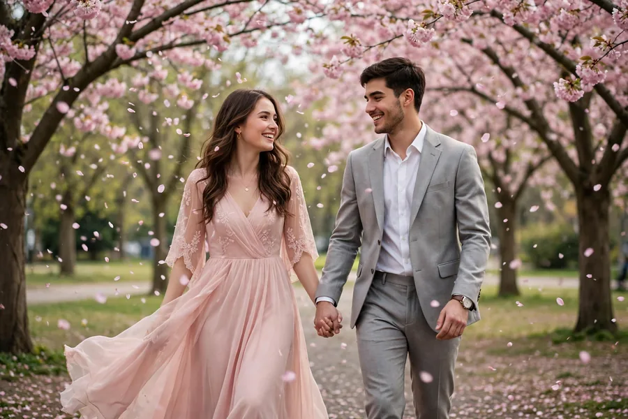 Pre-Wedding Couple in a Cherry Blossom Park