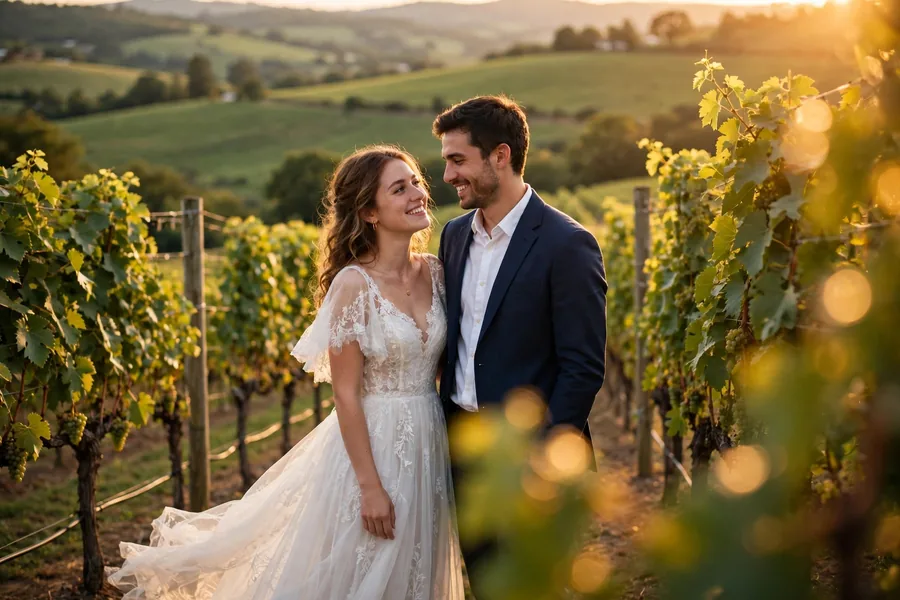 Pre-Wedding Couple in a Vineyard at Golden Hour