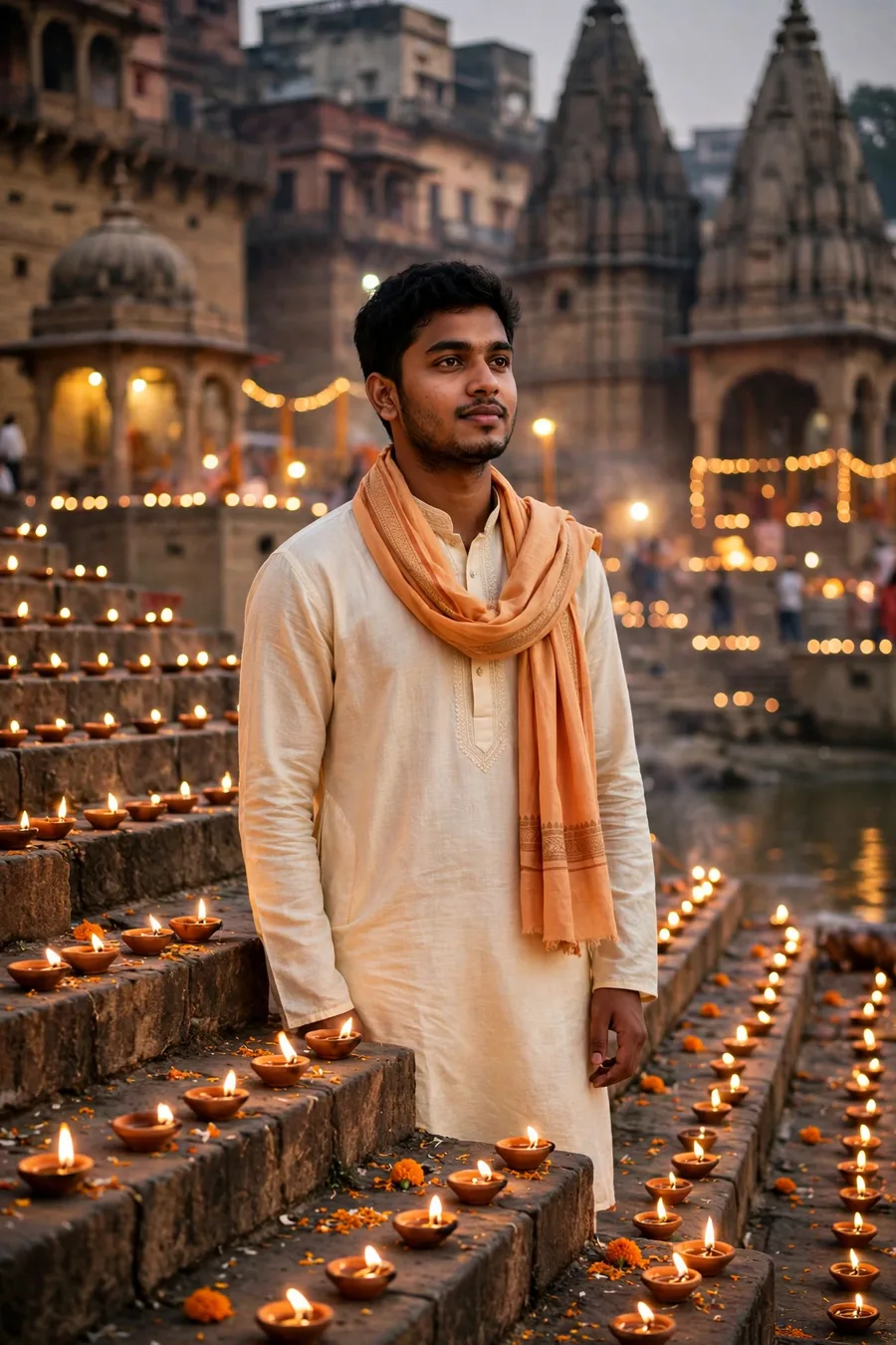 Dev Deepawali Man at the Ghat Steps