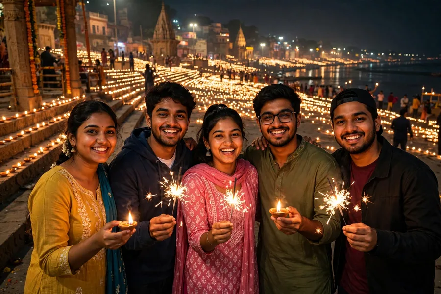 Dev Deepawali Friends at Ghat Night
