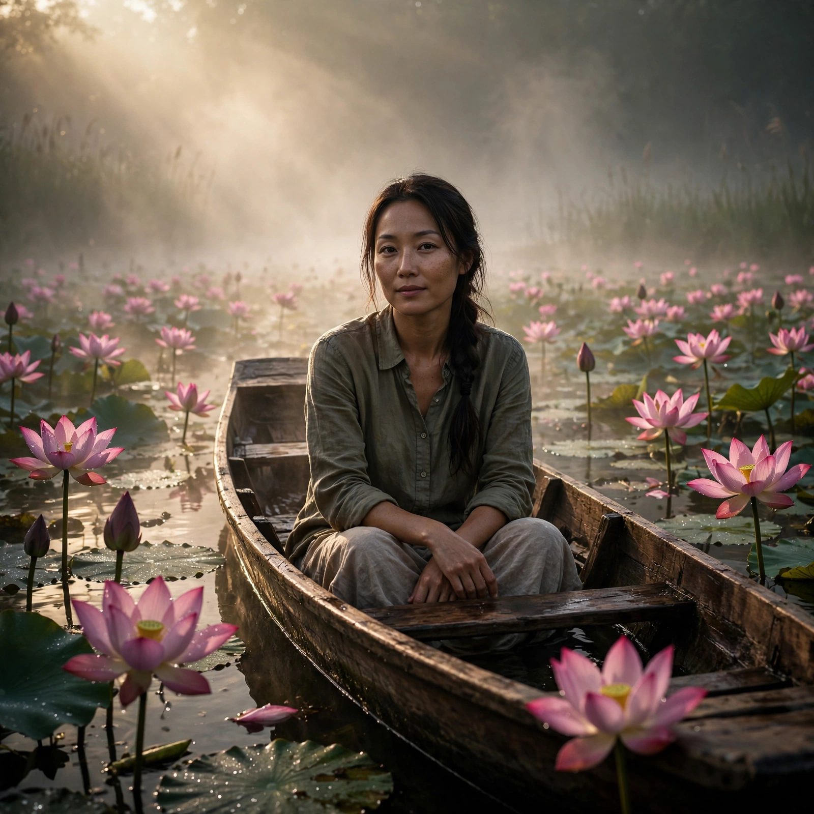 Aesthetic Boat Lotus Lake Portrait Prompt