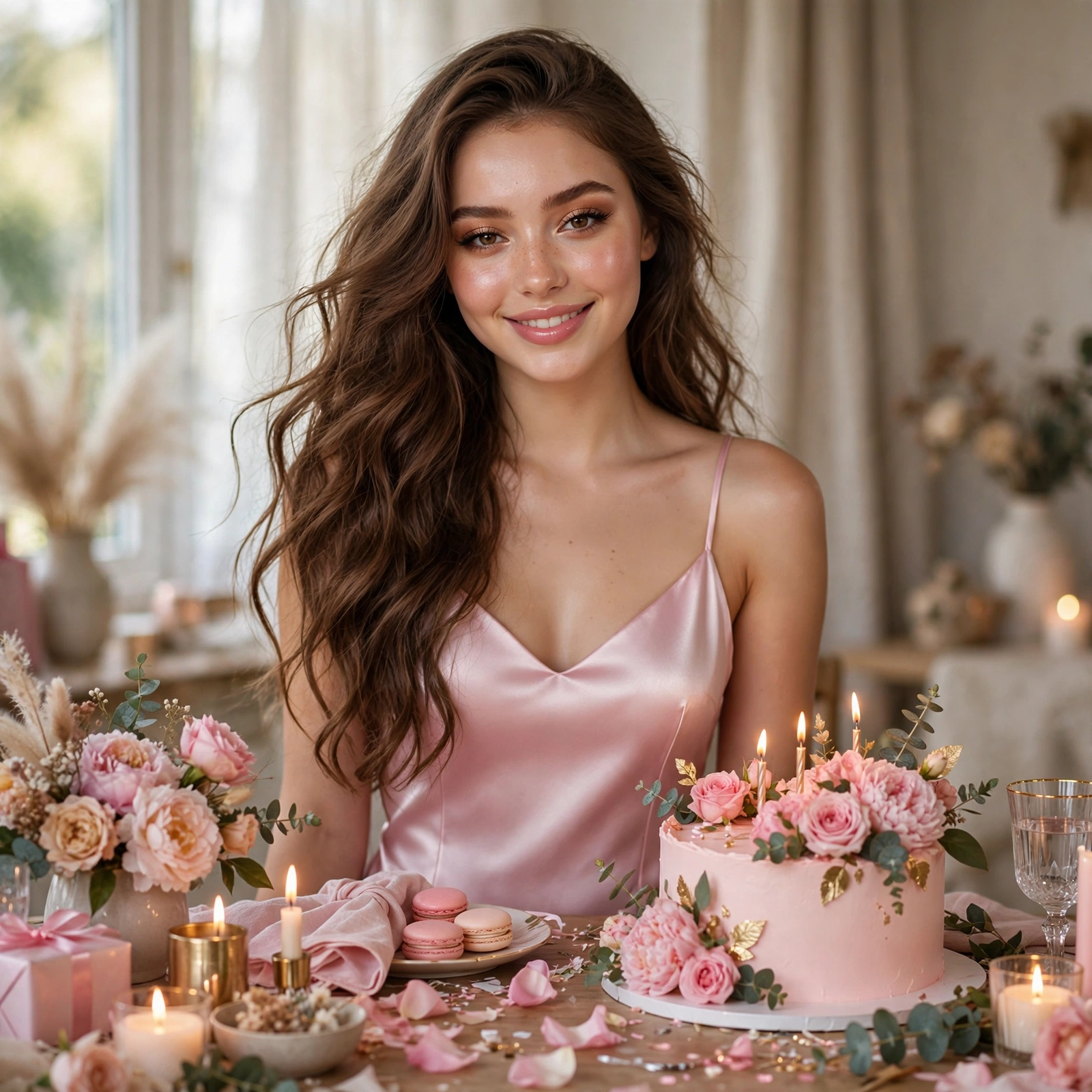 Birthday Pink Satin Dress Portrait Prompt