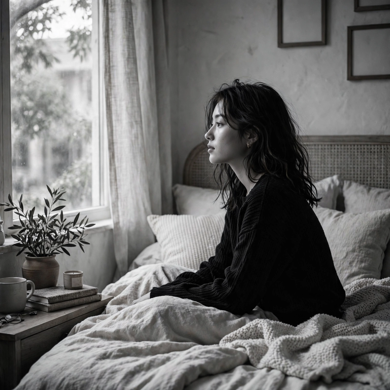 Black-And-White Aesthetic Bedroom Portrait