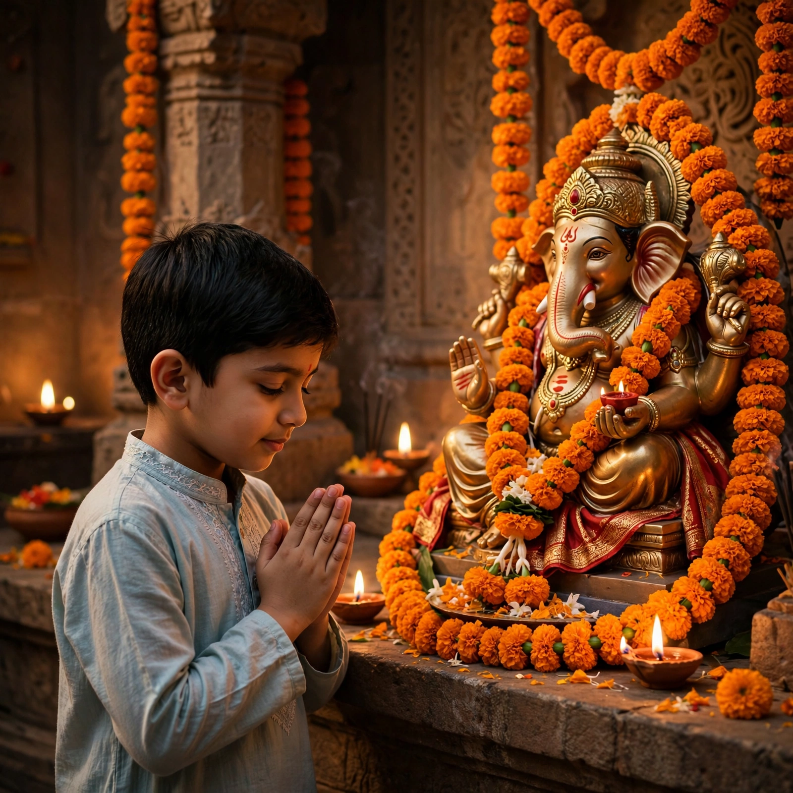 Boy Praying Before Ganesh Idol