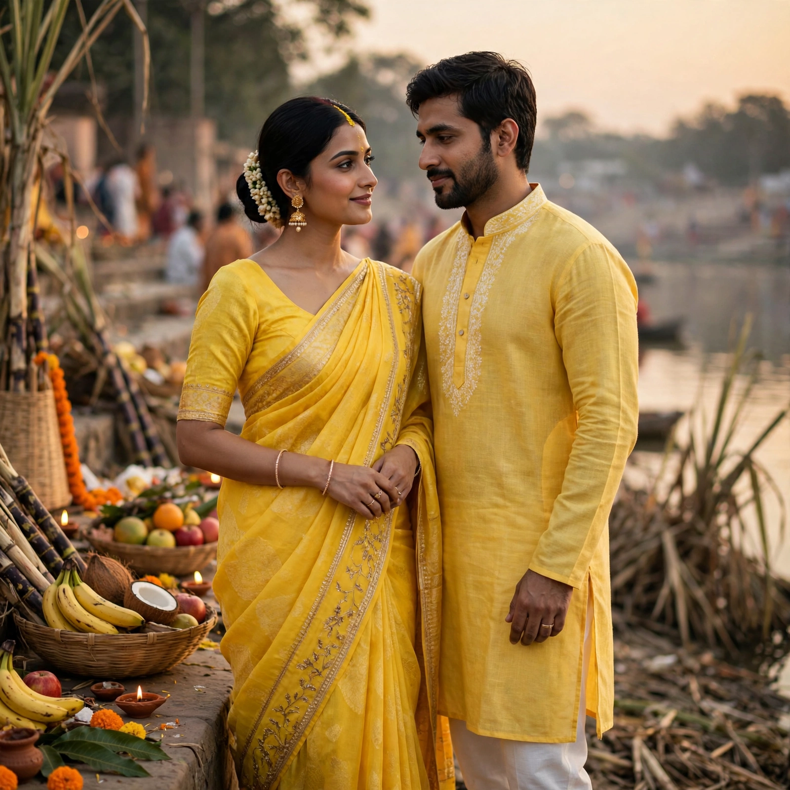 Chhath Puja Yellow Saree Couple Prompt
