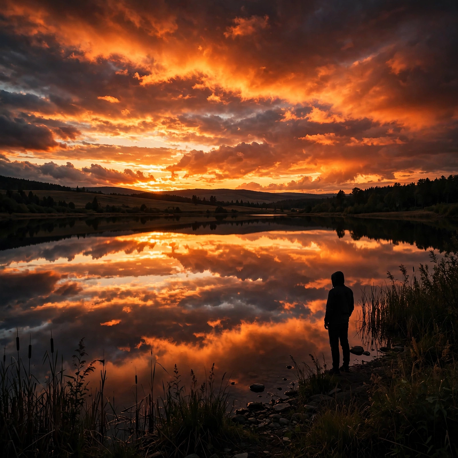 Cinematic Sunset Lake Silhouette Prompt