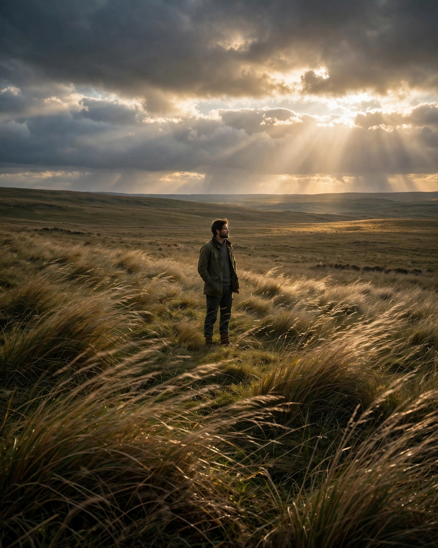 Close-Up Man in Windswept Grass