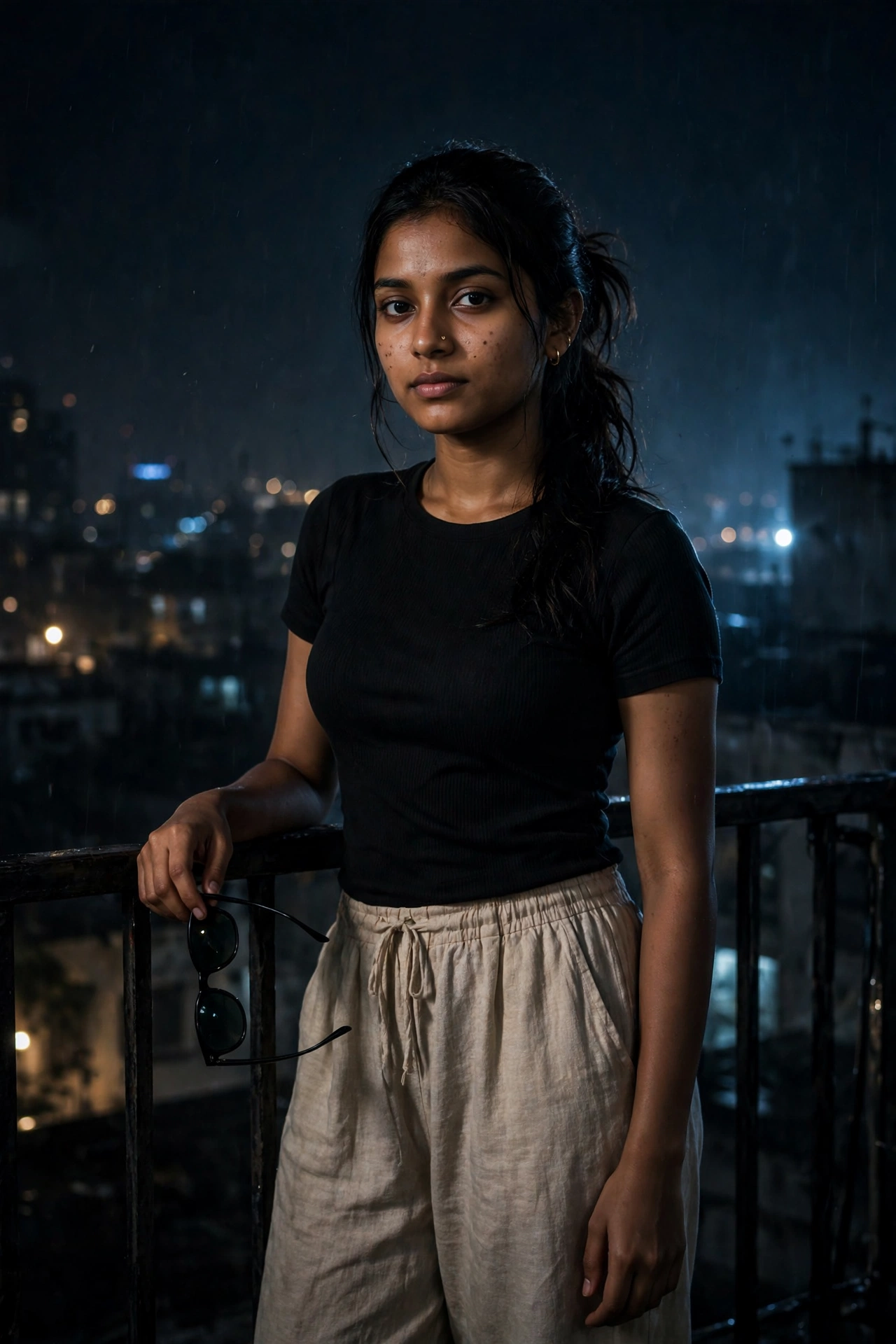 Dark Night Portrait, Woman Standing Upright Against ...