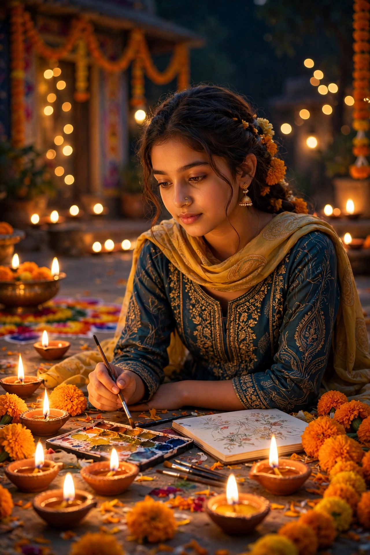 Diwali Diya Girl Art