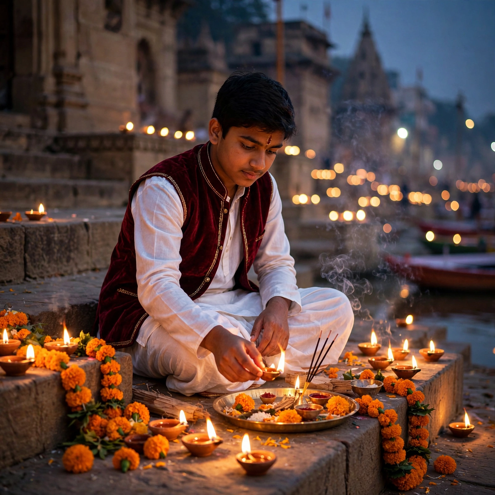 Diwali Puja Varanasi Boy Photo Prompt