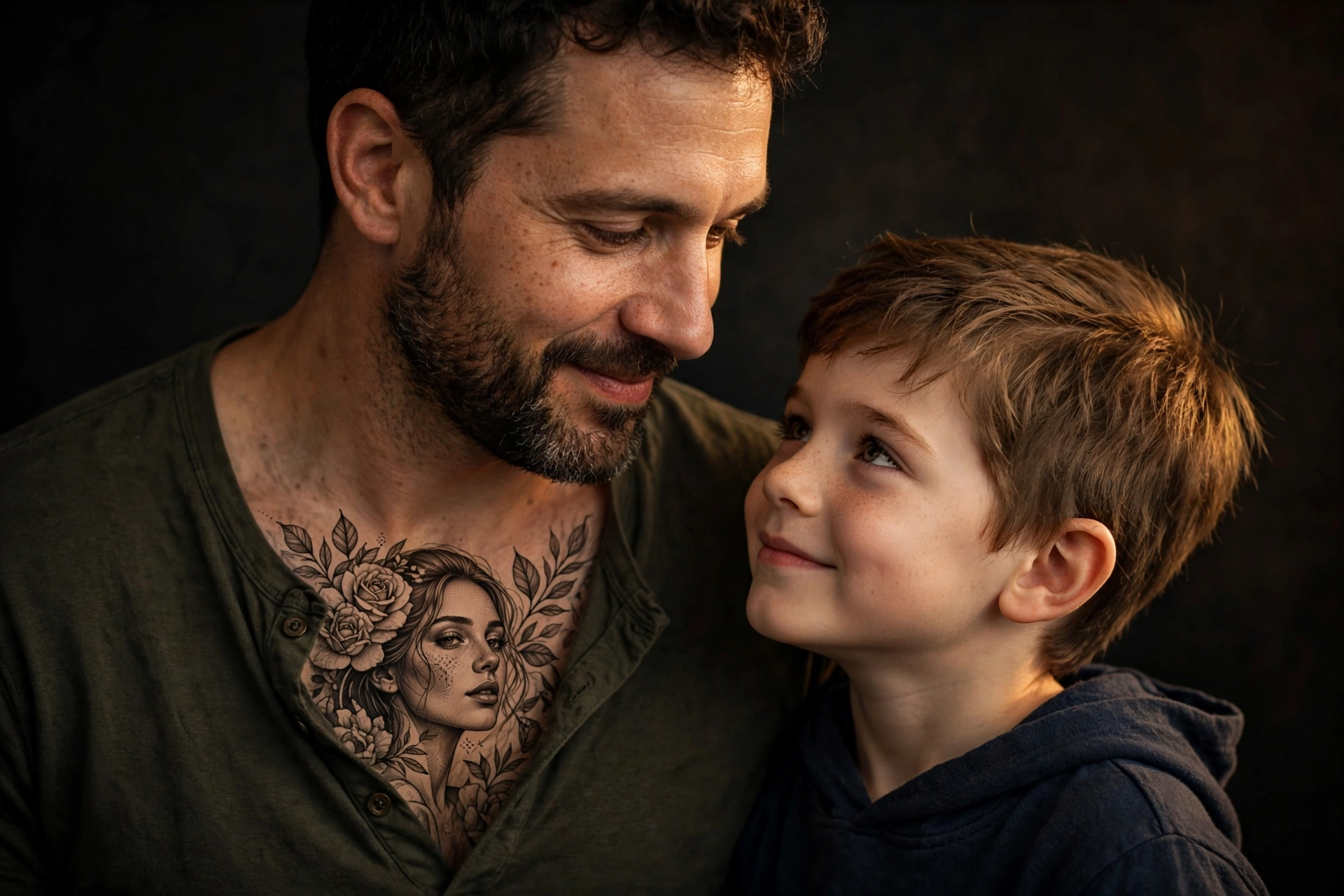 Father Portrait Chest Tattoo