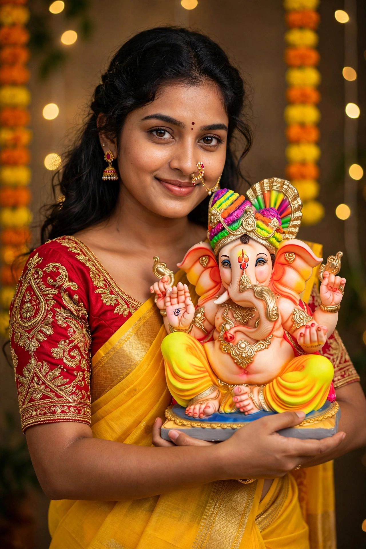 Ganpati Yellow Nauvari Saree Portrait