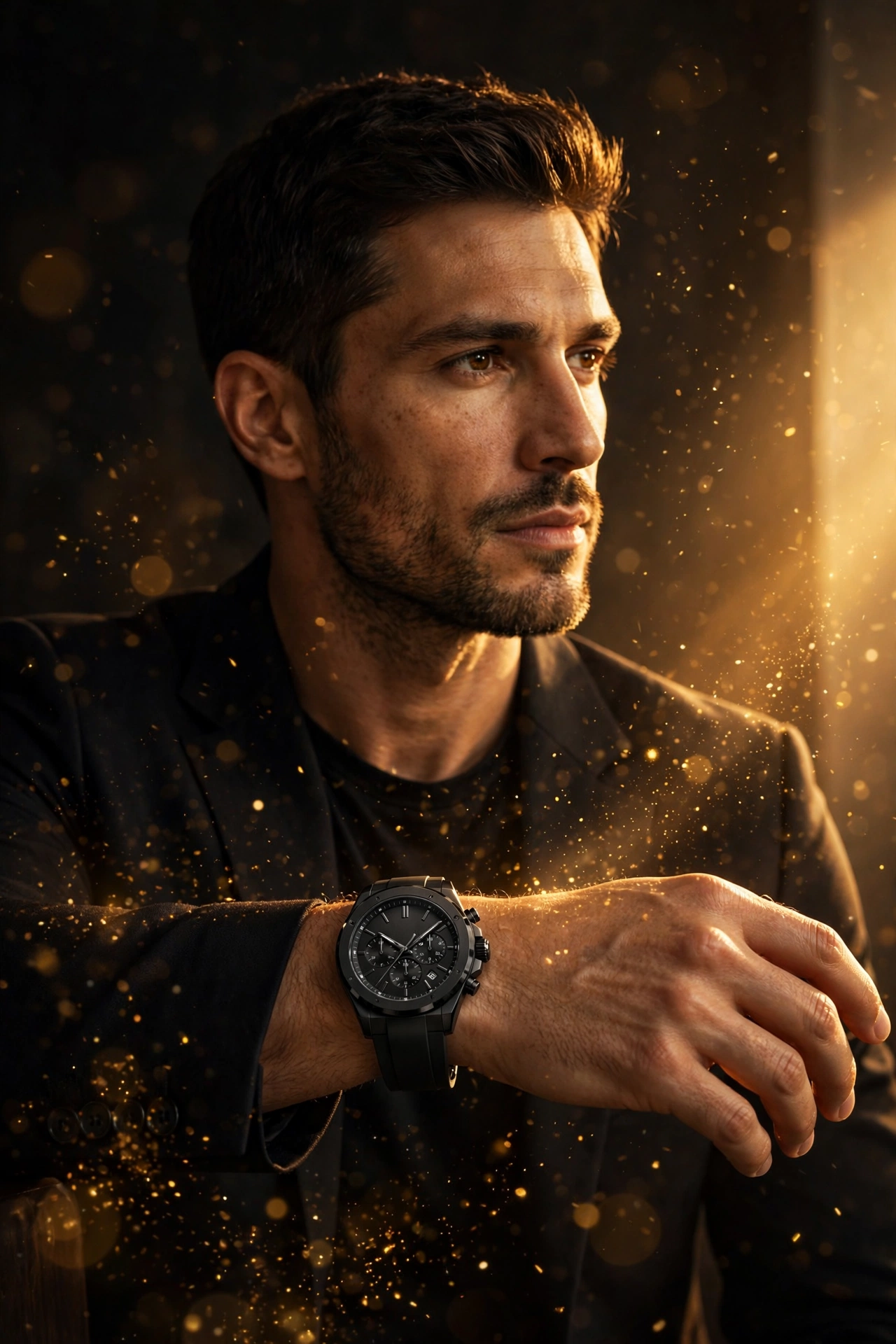 Golden Particles Moody Watch Portrait Prompt