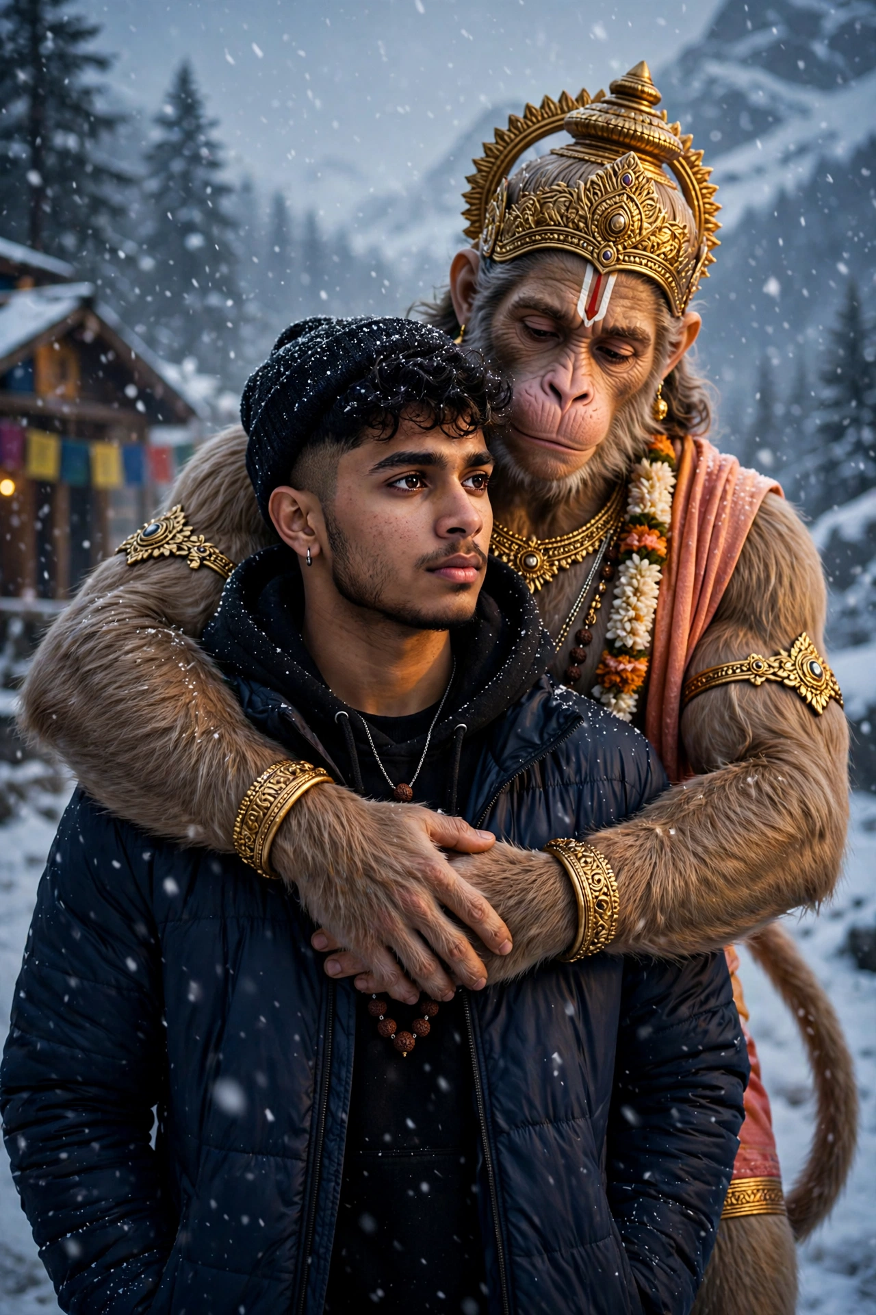 Hanuman Embrace Snow Portrait Prompt