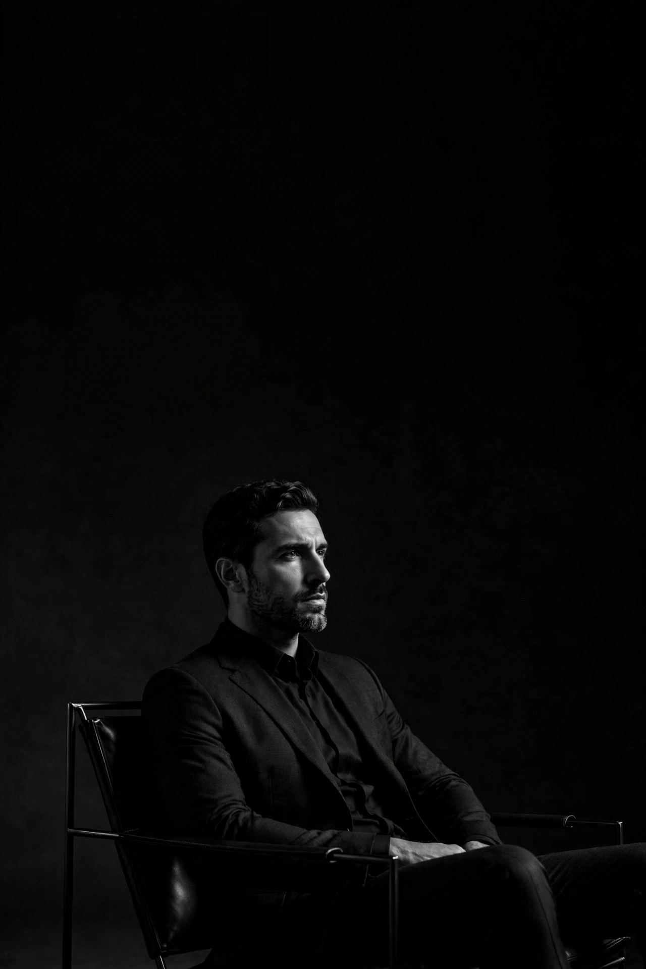 High-Contrast Black and White Editorial Studio Portrait