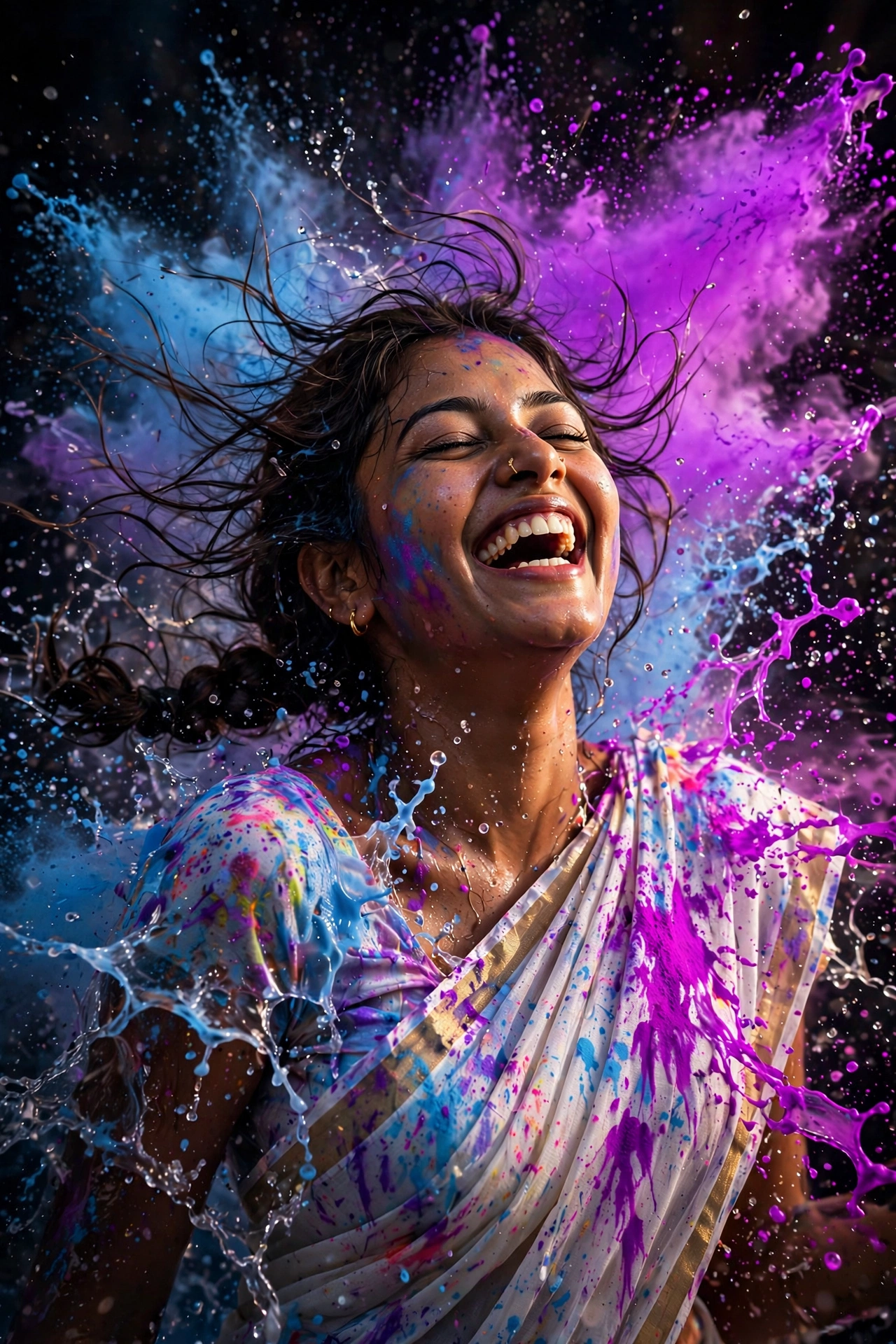 Holi Neon Powder Saree Photo Prompt