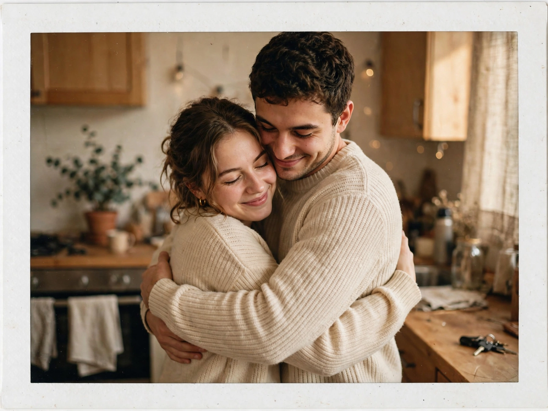 Hugging Couple in Matching Outfits