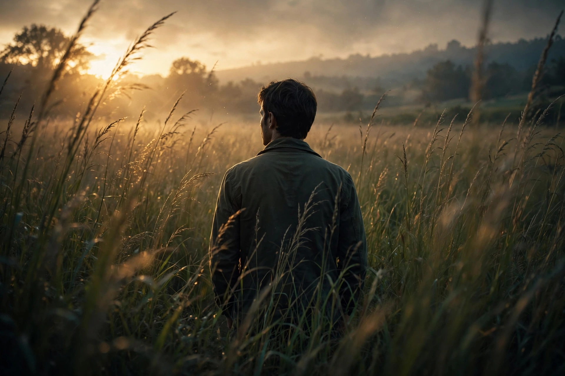Man in Tall Grass, Seen from Behind