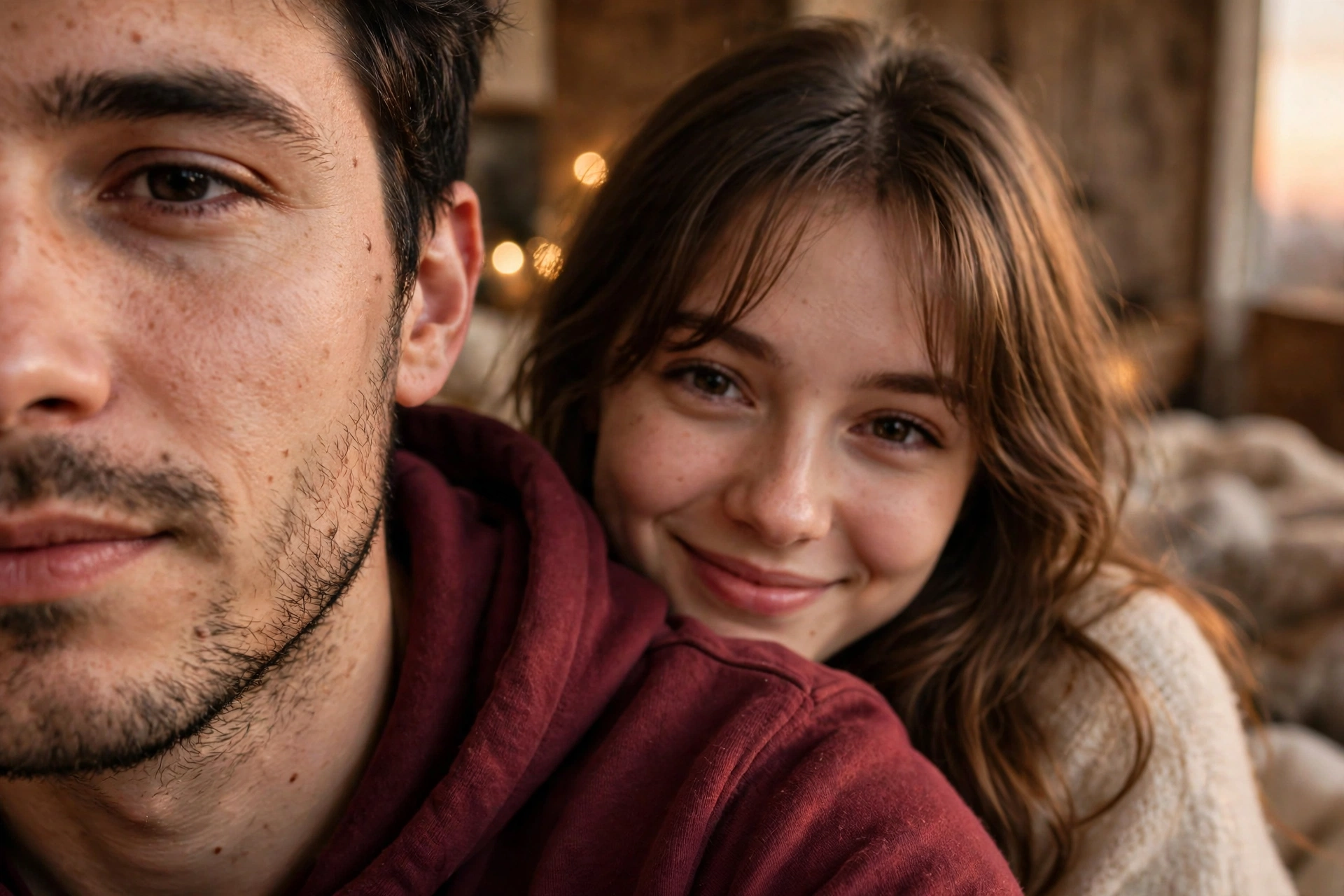 Maroon Hoodie Couple Selfie