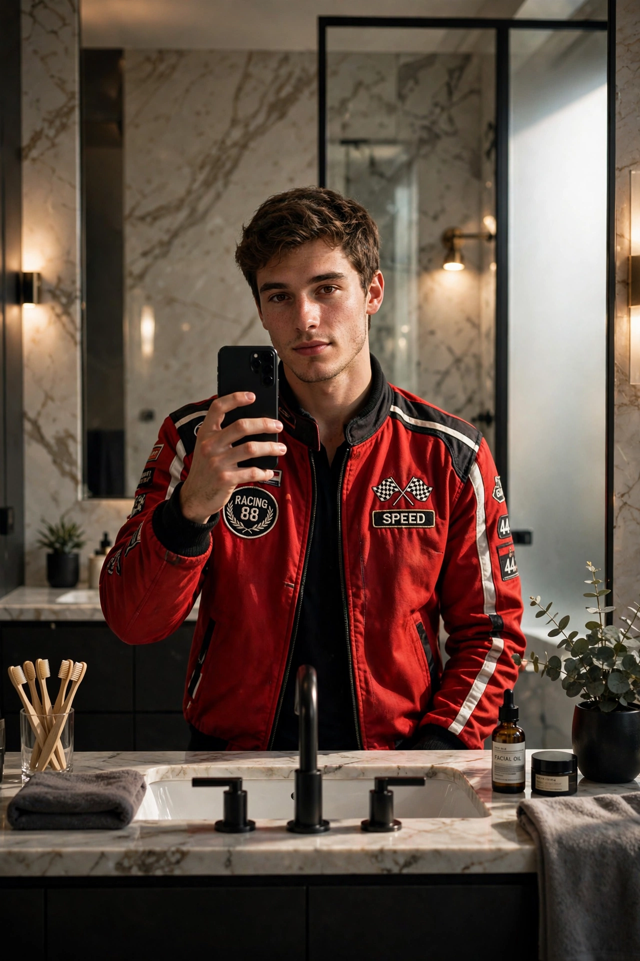 Mirror Selfie - Ferrari Jacket Bathroom Shot