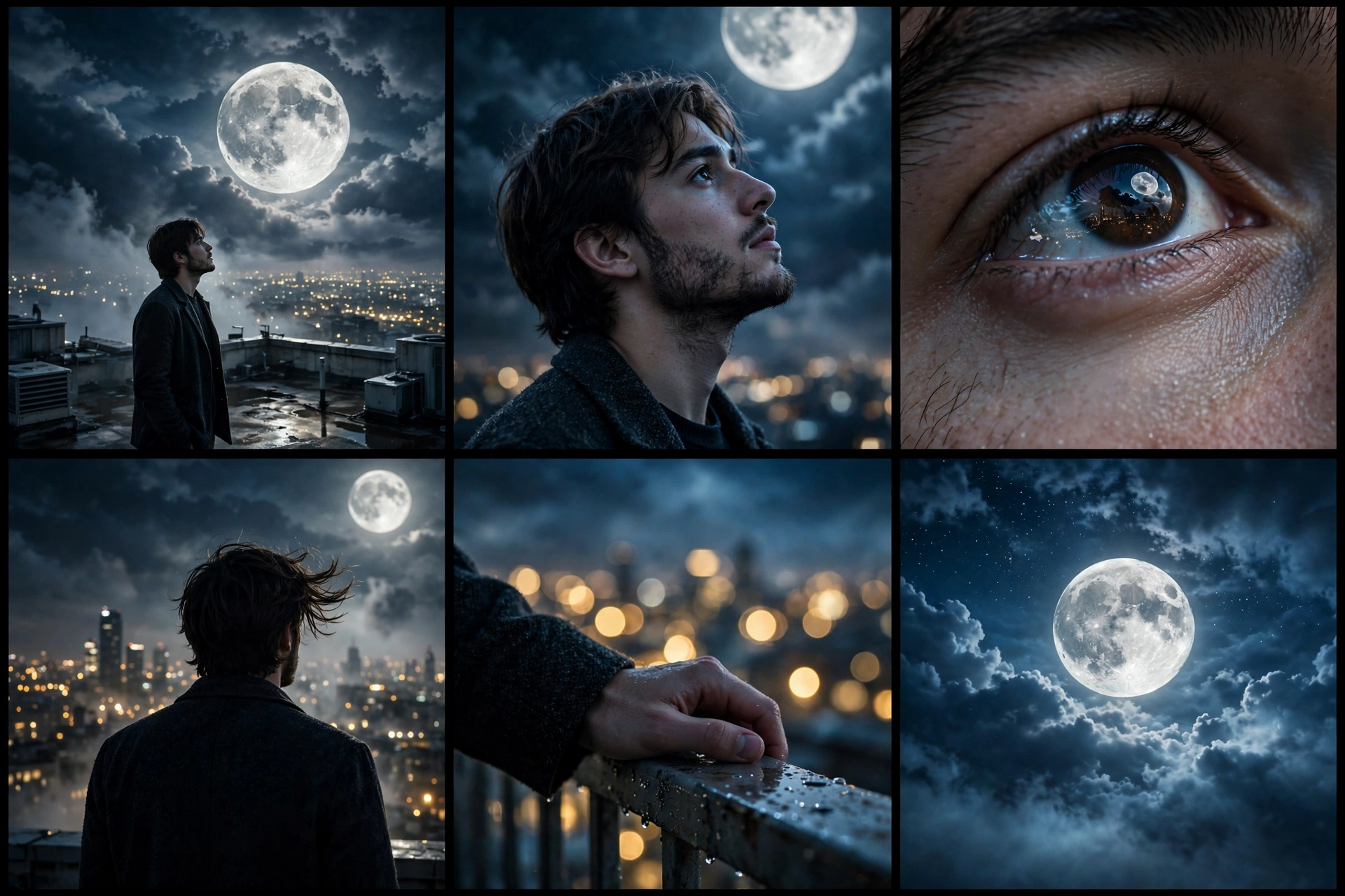 Cinematic Moonlight Rooftop Portrait Collage
