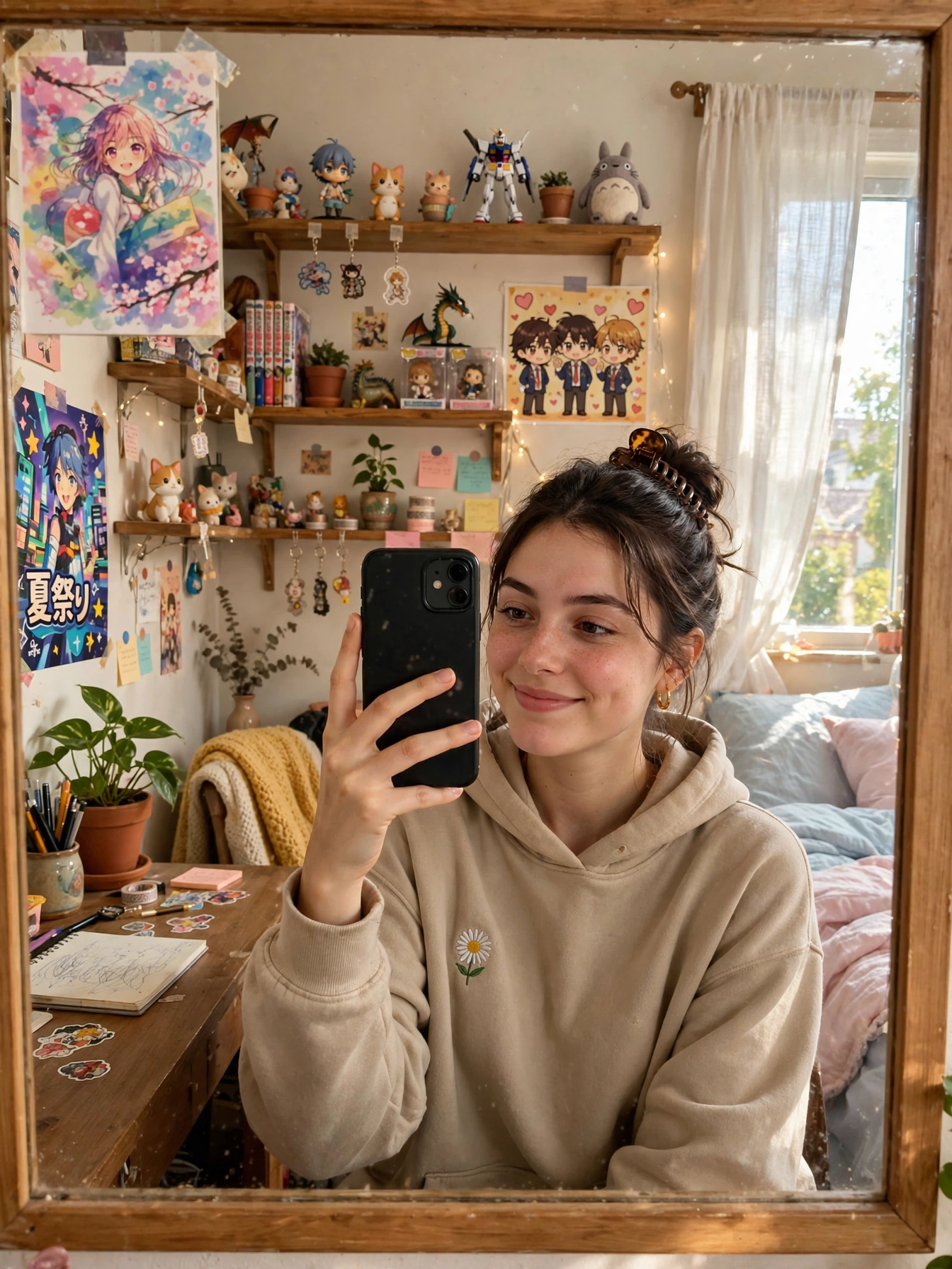 Detailed mirror-selfie otaku room scene