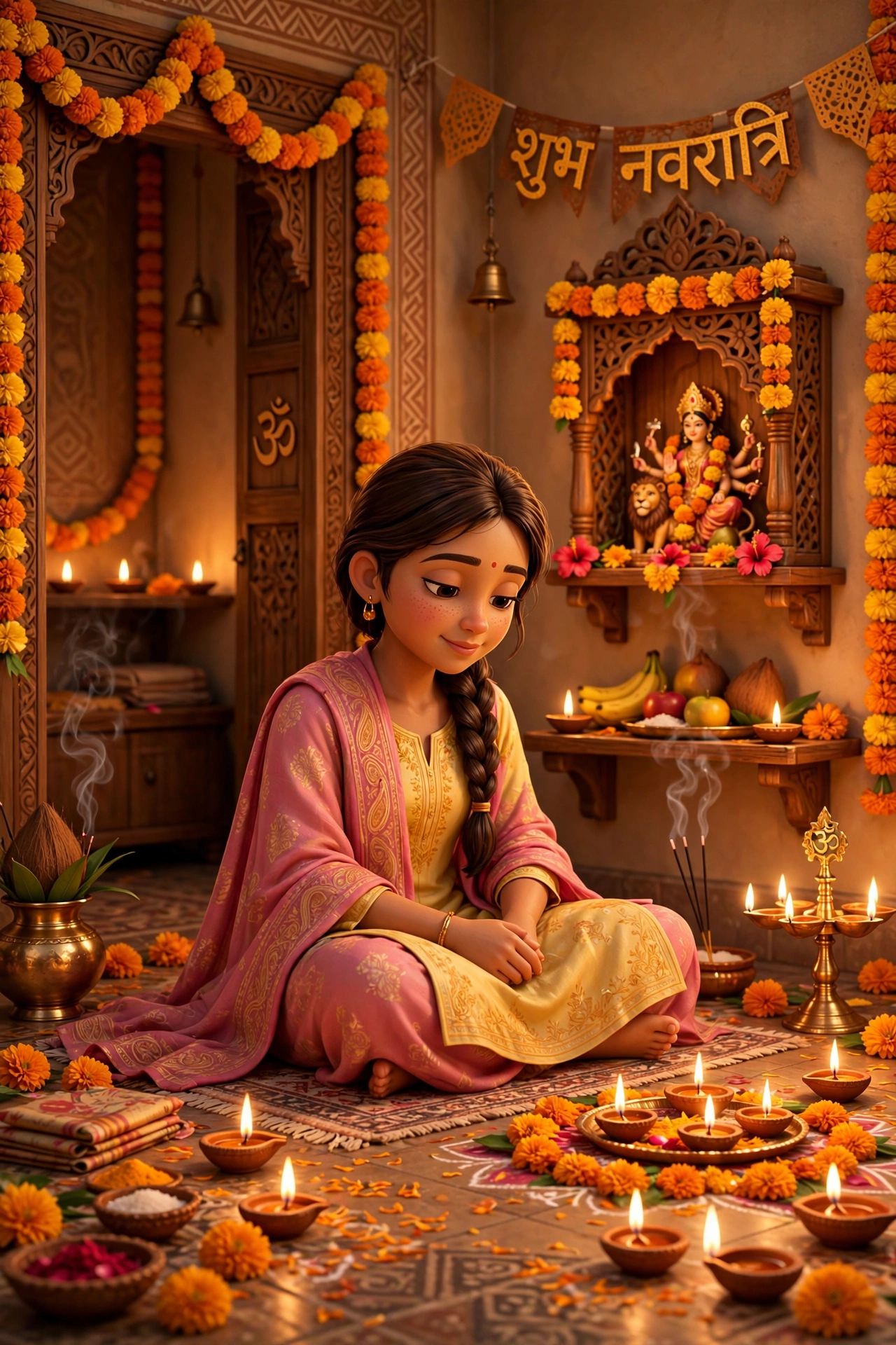 Navaratri 3D Puja Room Girl Prompt