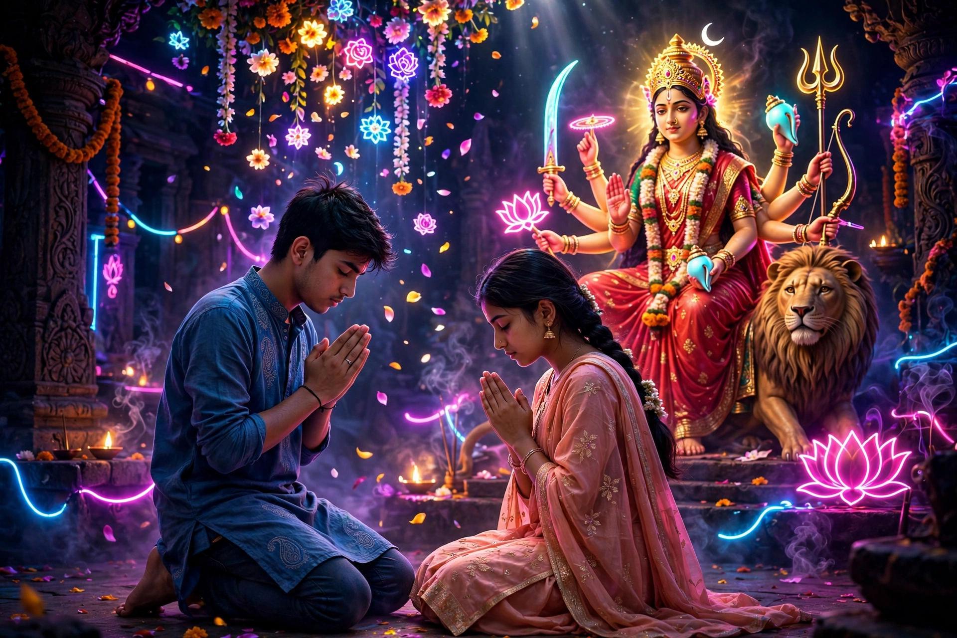 Navratri Barefoot Couple with Durga Neon