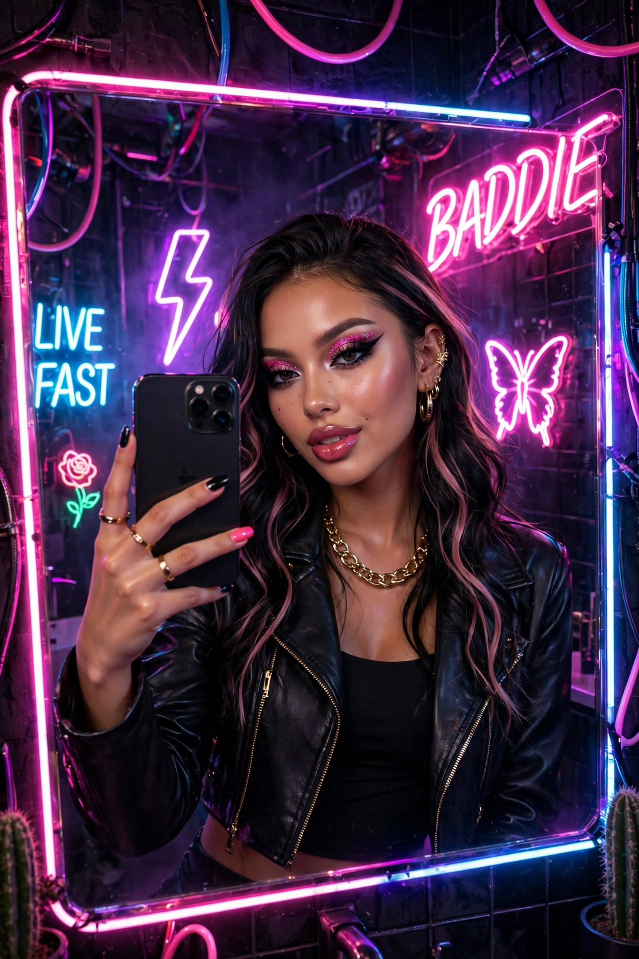 Neon Mirror Selfie Baddie Look