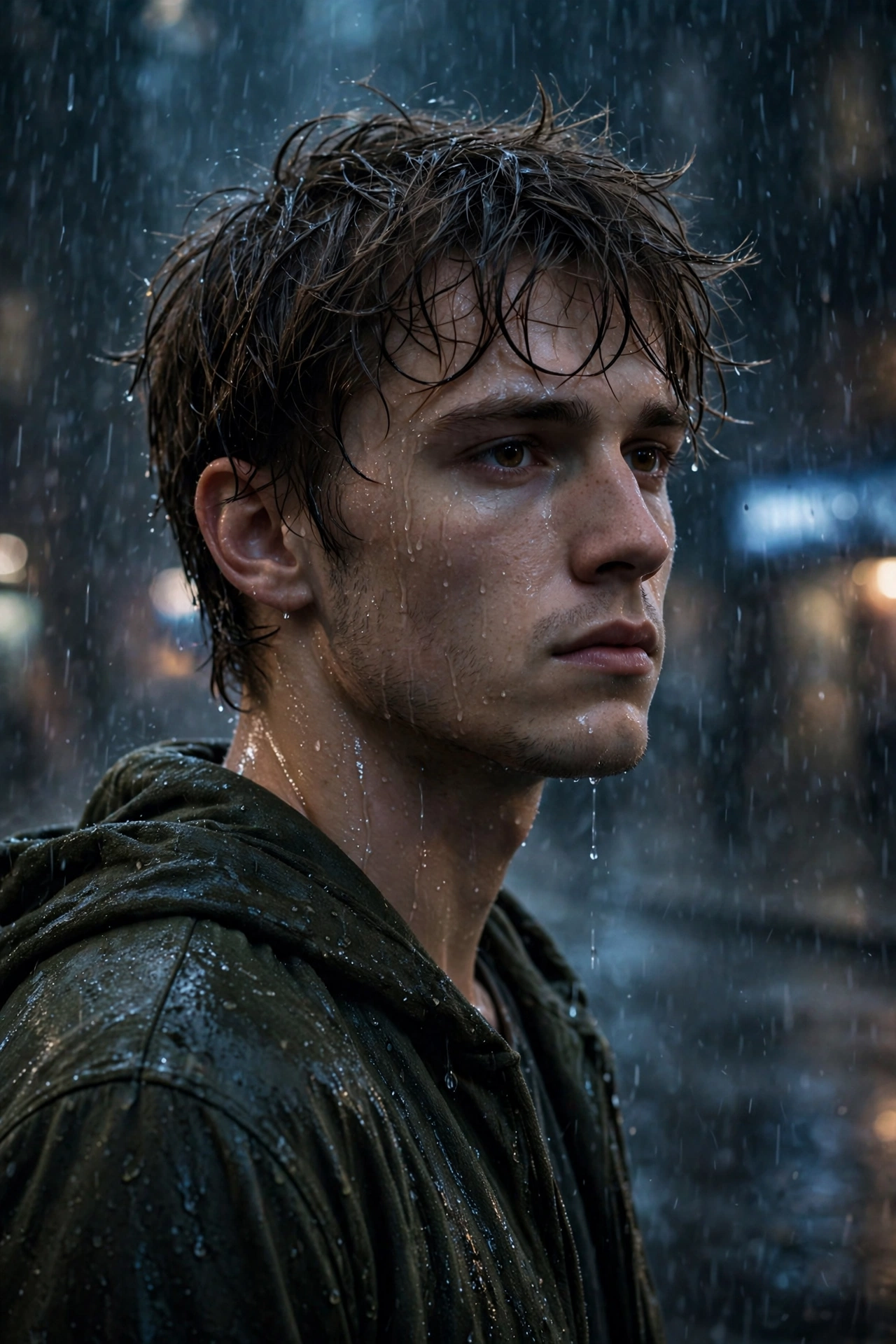 Rain-Soaked Cinematic Portrait