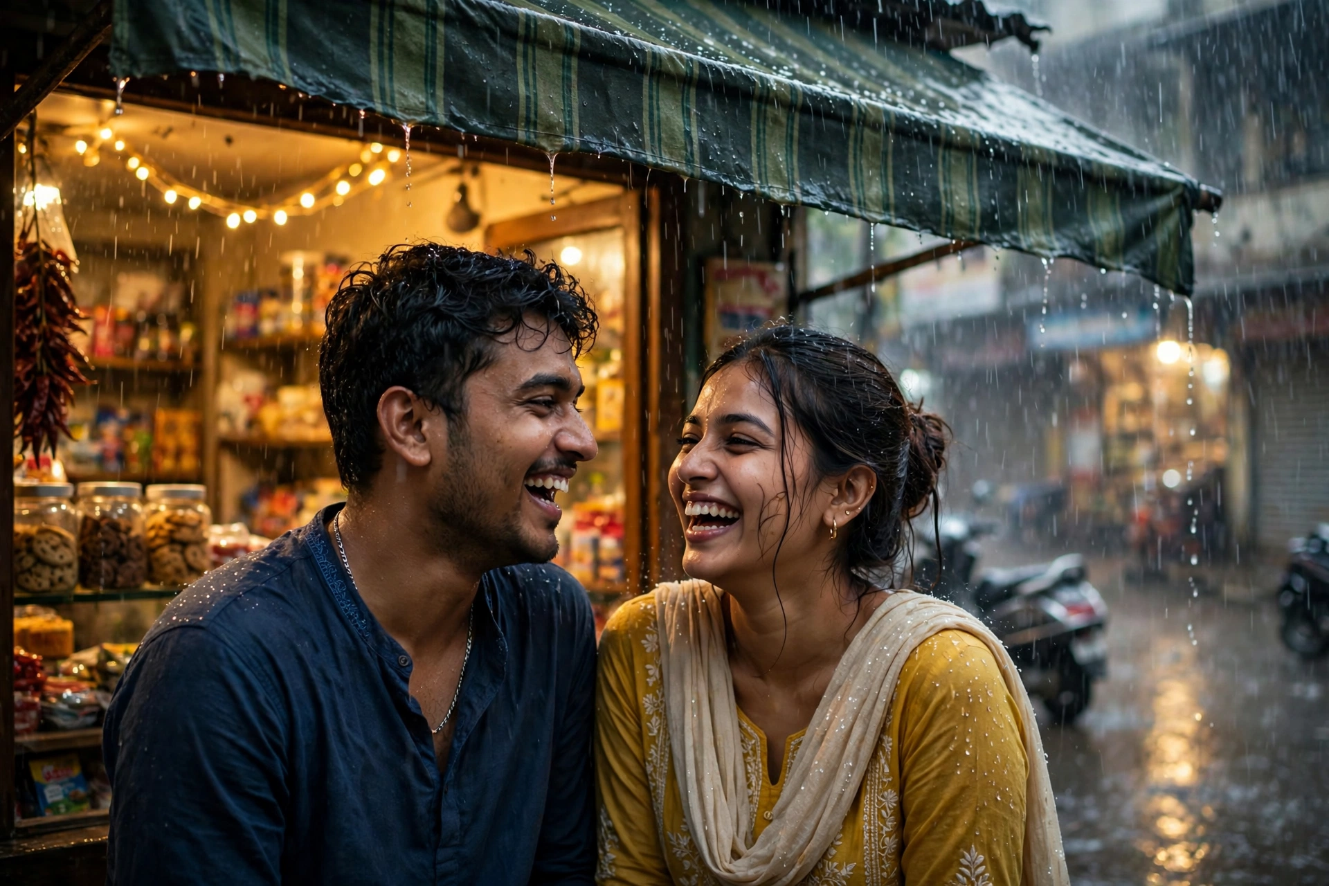 Rainy Awning Couple Laugh