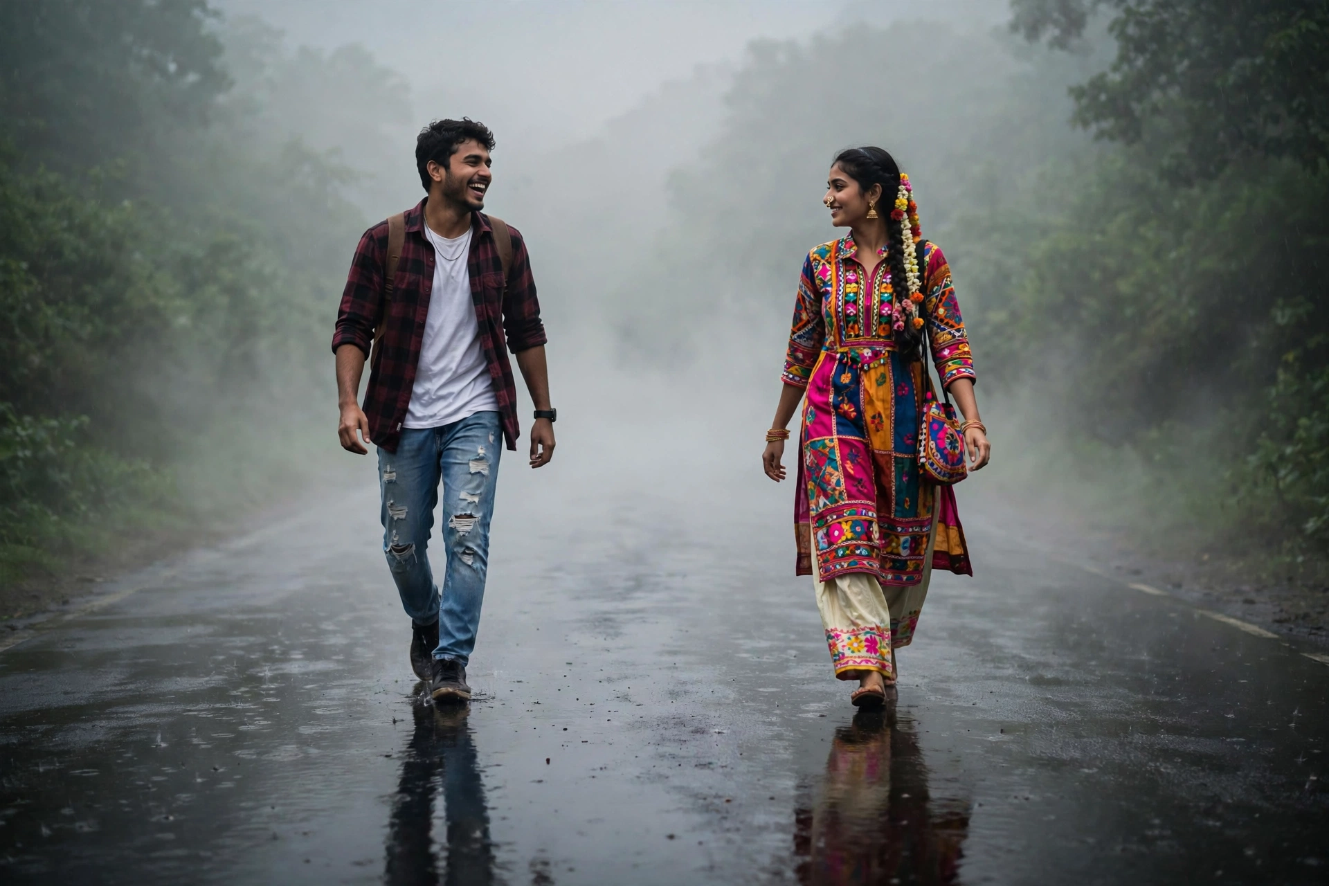 Rainy Monsoon Fog Couple Walk Prompt
