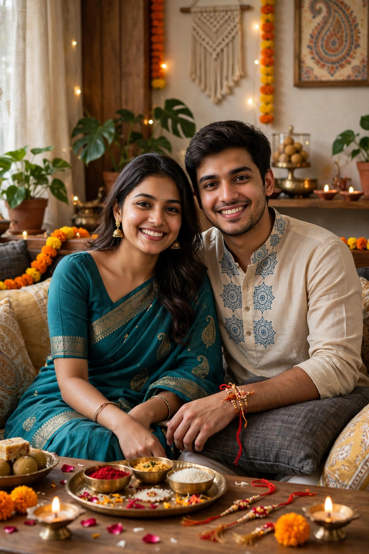 Rakshabandhan Teal Saree Sibling Photo Prompt