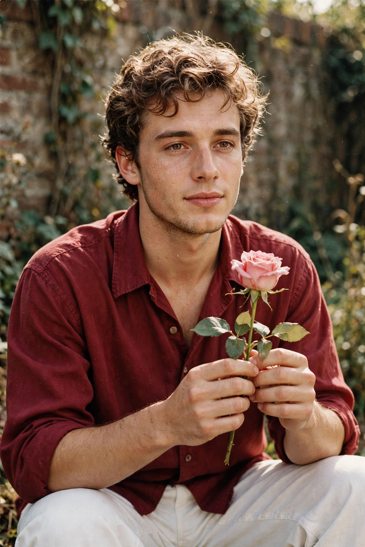 Retro Red Wine Shirt with Rose