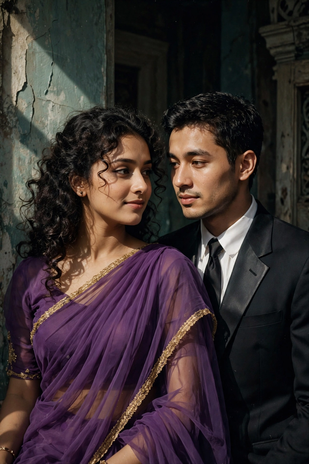 Retro Vintage Purple Saree Couple Prompt