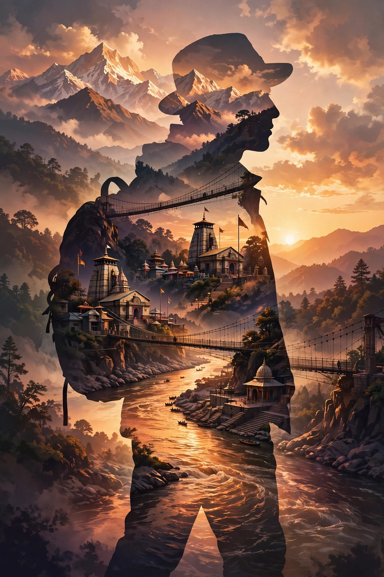 Rishikesh Double-Exposure Travel Poster Prompt